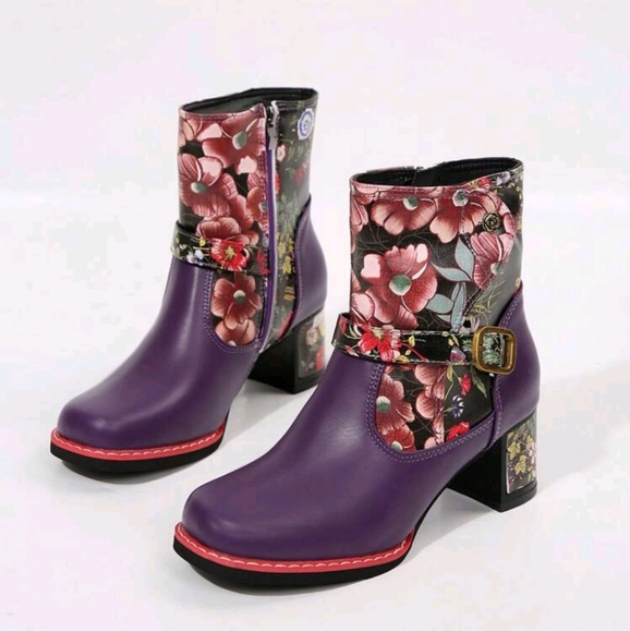 WomenFashion Western Style Printed Leather Patchwork Ankle Boots,Metal Buckle - Picture 5 of 6